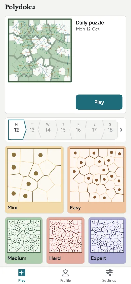 The home screen with the daily puzzle and the five levels